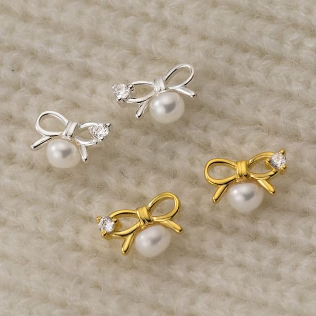 S925 Sterling Silver Bow Rhinestone Faux Pearl Stud Earring