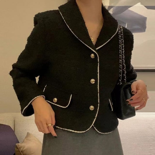 Collared Contrast Trim Tweed Button Jacket