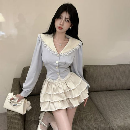 Long-Sleeve Two Tone Lace Trim Shirt / High Waist Tiered Mini A-Line Skirt