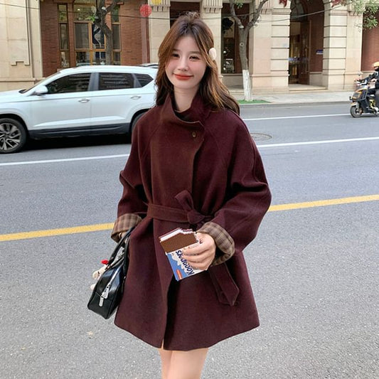 Stand Collar Plaid Lining Button Tie Front Coat