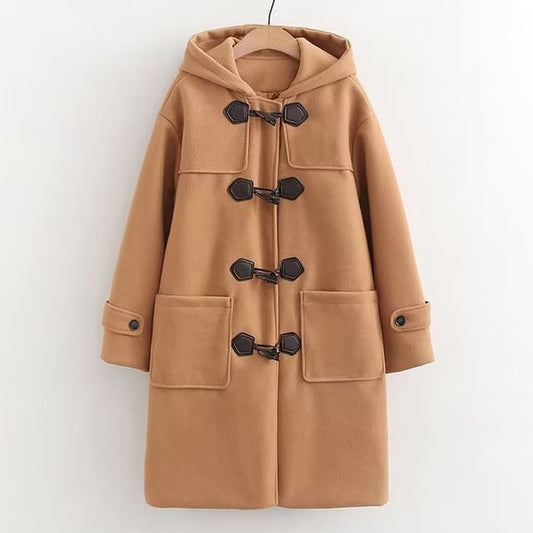 Hooded Plain Wool Toggle Long Coat