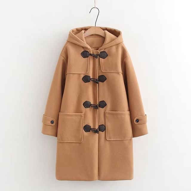 Hooded Plain Wool Toggle Long Coat