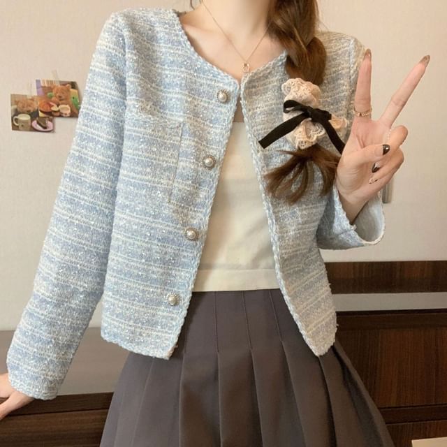 Round Neck Tweed Faux Pearl Button Jacket