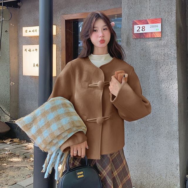 V-Neck Plain Pom Pom Button Jacket