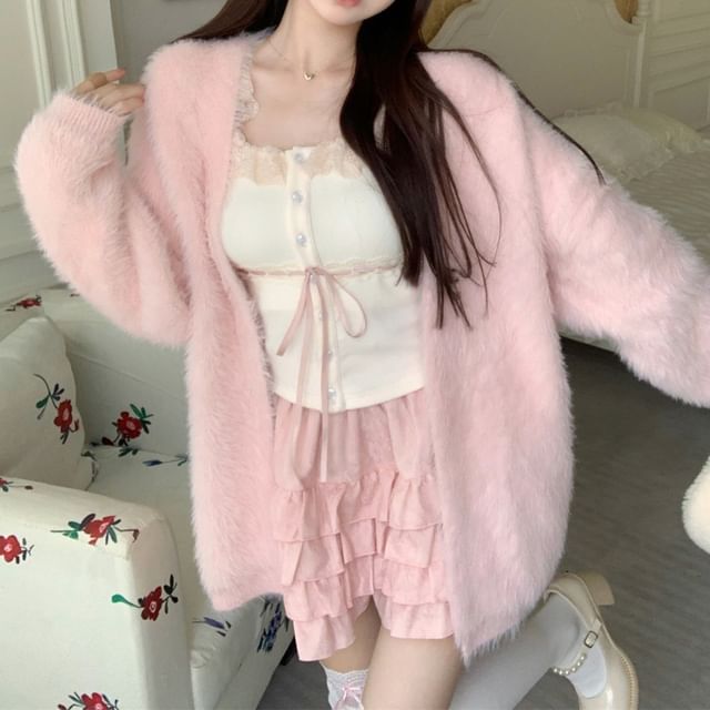 Skirt Plain Cardigan / Waist Cami Ruffle Open Trim Lace Mini Front High Top A-Line Fluffy