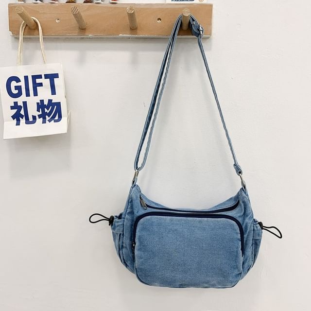 Multi-Pocket Drawstring Denim Crossbody Bag