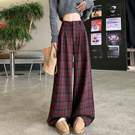 High Rise Plaid Wide Leg Dress Pants