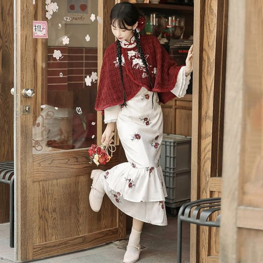 Long Sleeve Mandarin Collar Floral Print Ruffle Midi Mermaid Dress / Round Neck Floral Embroidered Tweed Capelet / Set