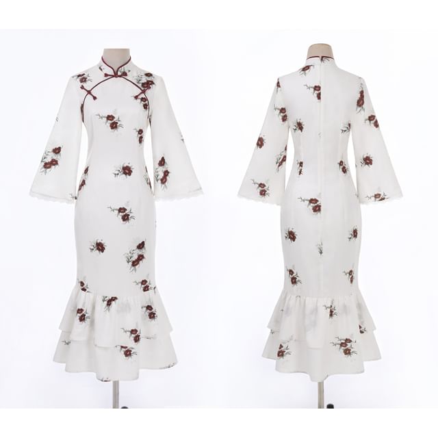 Long Sleeve Mandarin Collar Floral Print Ruffle Midi Mermaid Dress / Round Neck Floral Embroidered Tweed Capelet / Set