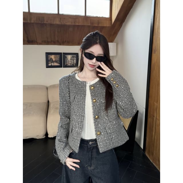 Crewneck Tweed Button-Up Jacket / Long-Sleeve Plain Top
