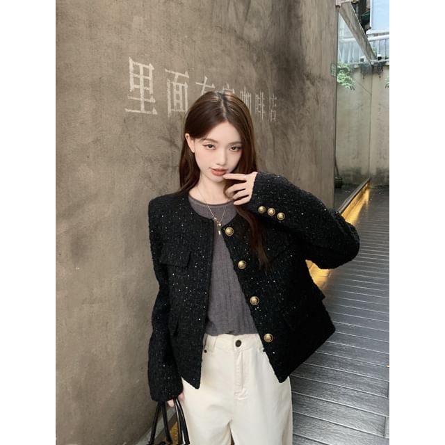 Crewneck Tweed Button-Up Jacket / Long-Sleeve Plain Top