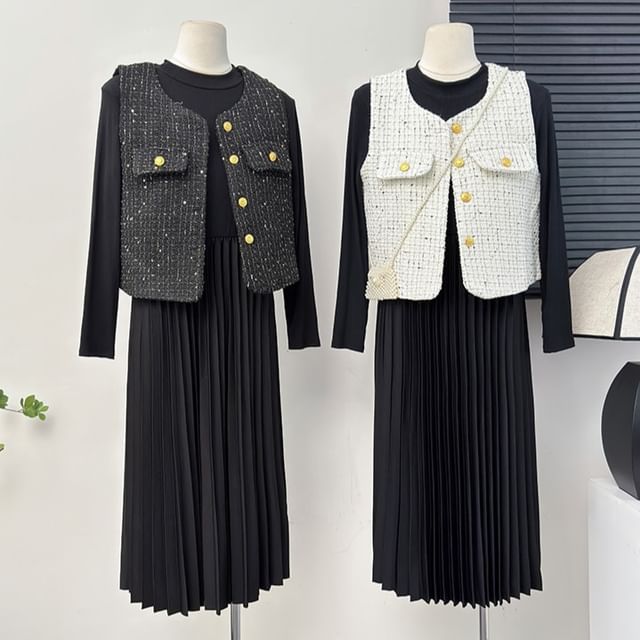 Tweed Vest / Pleated A-Line Dress