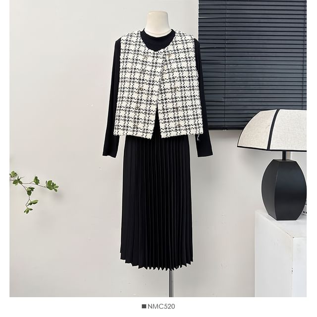 Double-Breasted Tweed Vest / Pleated A-Line Dress