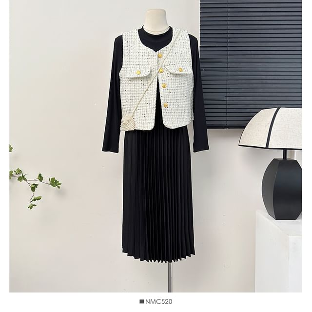 Tweed Vest / Pleated A-Line Dress