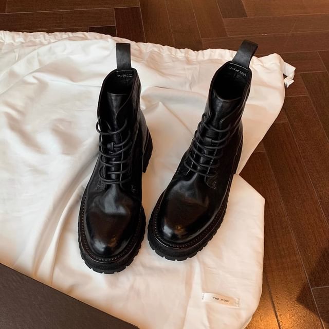 Genuine Boots Leather Short Platform Lace-Up Plain