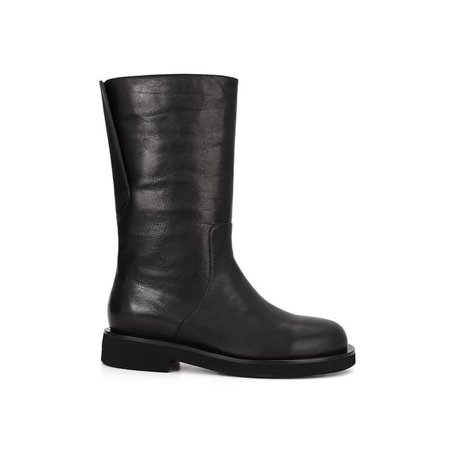 Mid-Calf Leather Boots Plain Platform Genuine