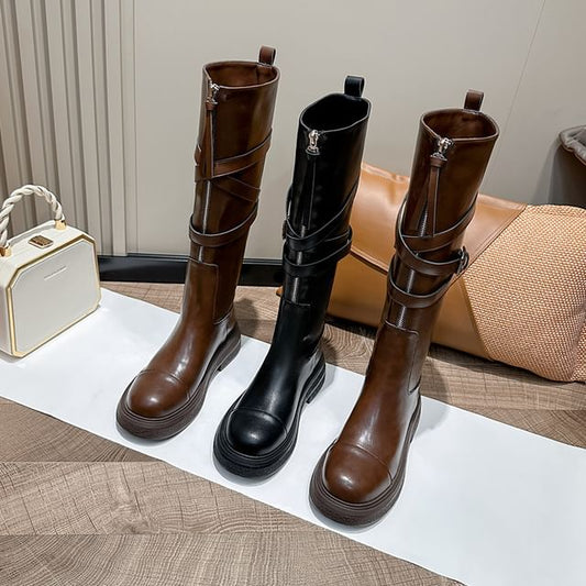 Boots Buckled Zip-Up Plain Platform Faux Leather Tall