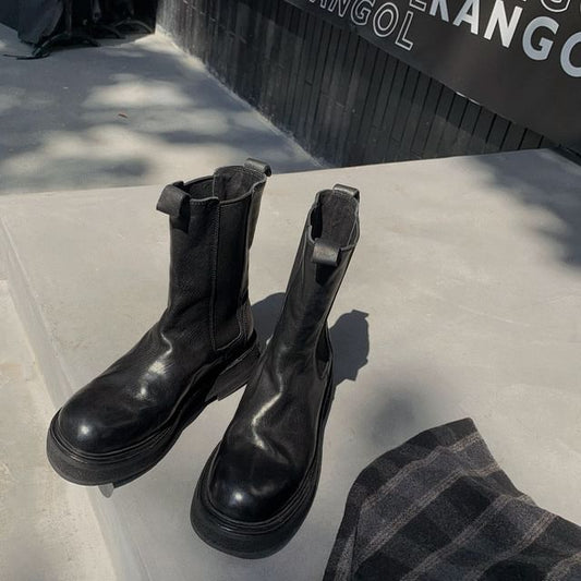Genuine Short Leather Platform Chelsea Plain Boots