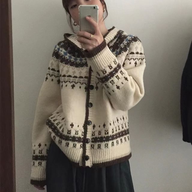 Patterned Hooded Cardigan