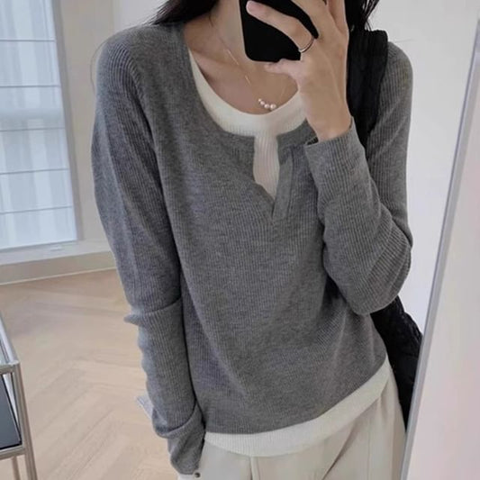 Notch Neck Two Tone Mock Two-Piece Sweater