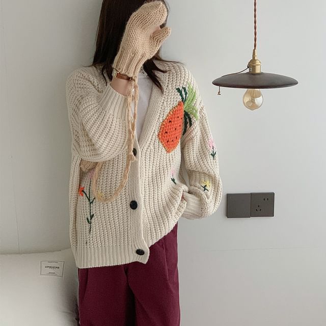 V-Neck Flower Embroidered Chunky Knit Cardigan