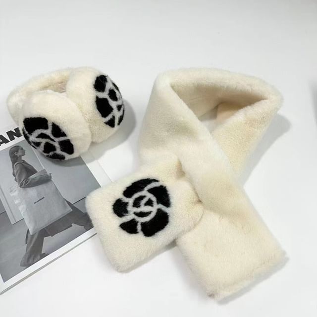 Print Floral / Bow Set Ear Scarf Muffs Fluffy