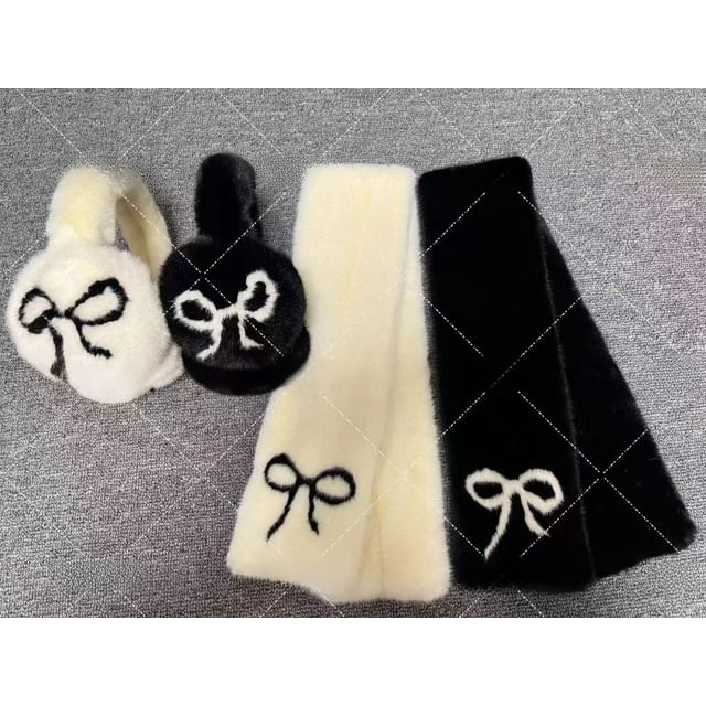 Print Floral / Bow Set Ear Scarf Muffs Fluffy