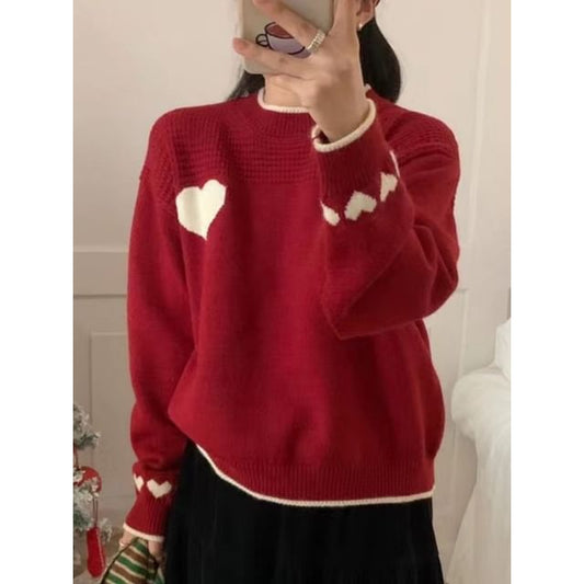 Contrasted Heart-Print Loose Sweater