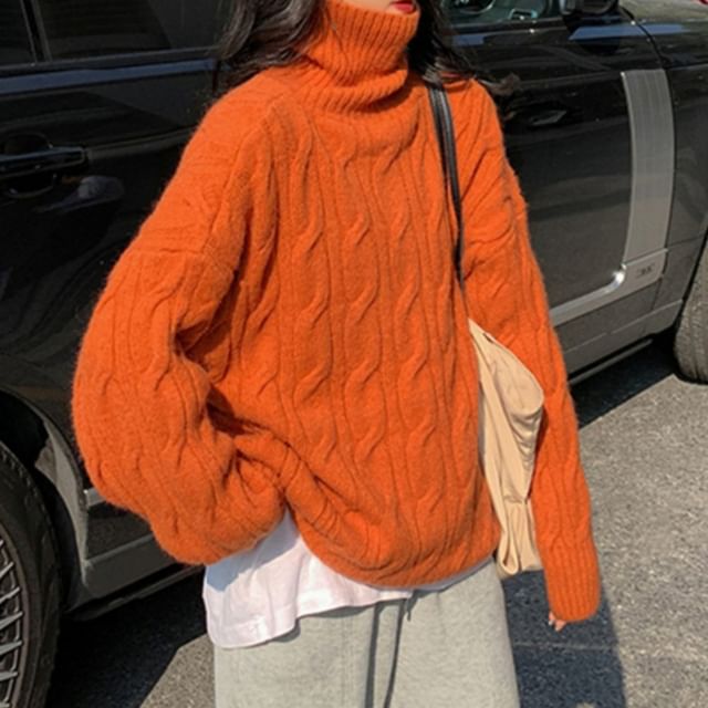 Turtleneck Cable-Knit Loose Sweater