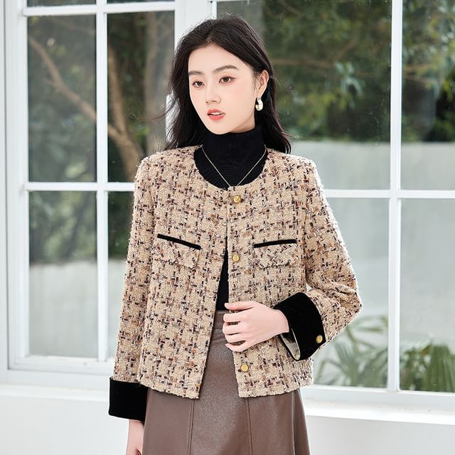 Crew Neck Patterned Button-Up Tweed Jacket