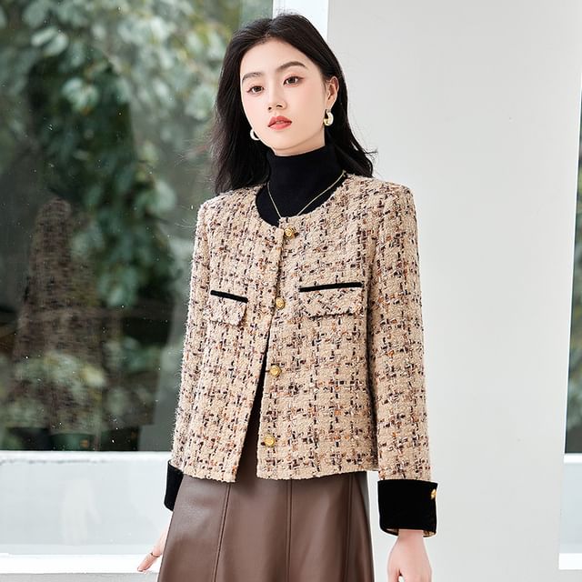 Crew Neck Patterned Button-Up Tweed Jacket