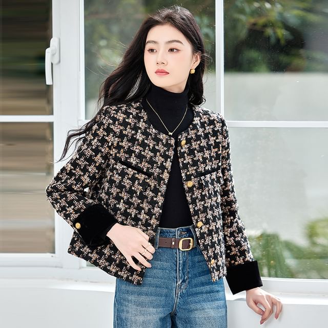 Crew Neck Patterned Button-Up Tweed Jacket