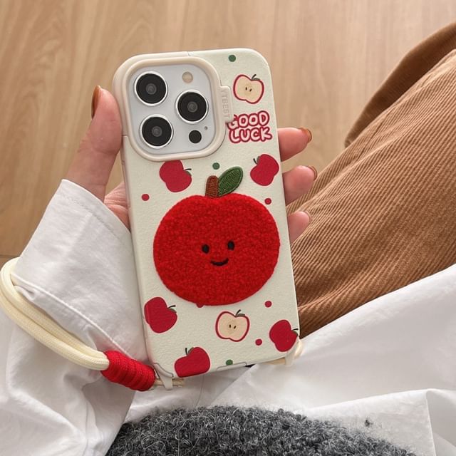 Fruit Embroidered Strap Phone Case - iPhone 16 Pro Max / 16 Pro / 16 Plus / 16 / 15 Pro Max / 15 Pro / 15 Plus / 15 / 14 Pro Max / 14 Pro / 14 Plus / 14 / 13 Pro Max / 13 Pro / 13 / 13 Mini