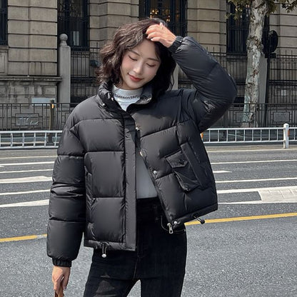 Stand Collar Plain Zip Puffer Jacket