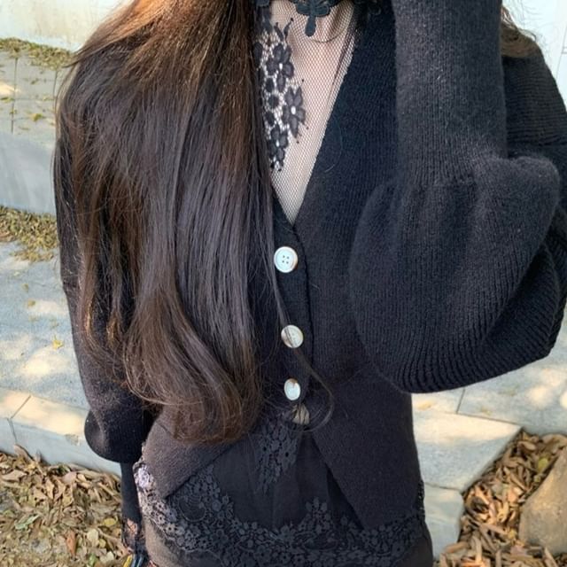 / Lace Long-Sleeve Waist Button-Up High V-Neck Neck Shorts Cardigan Top