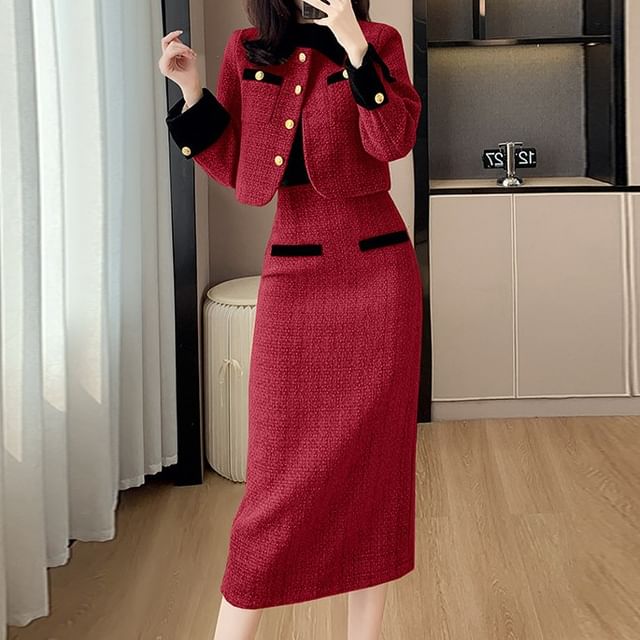 Set: Tweed Crop Button Jacket + High Waist Midi Pencil Skirt