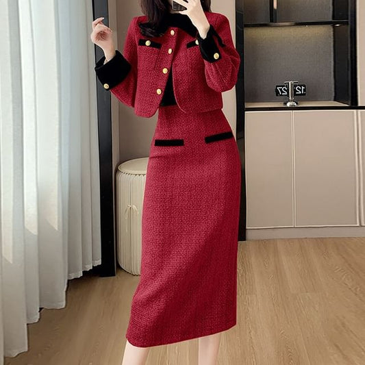 Set: Tweed Crop Button Jacket + High Waist Midi Pencil Skirt
