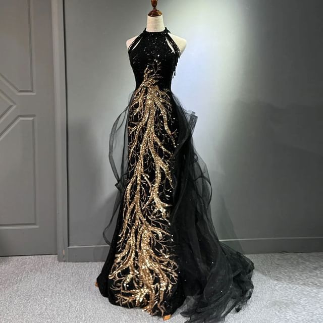 Neck Embroidered Sequined Gown Sleeveless Evening Halter Maxi