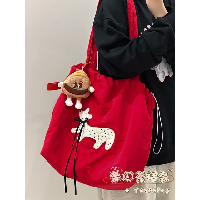 Drawstring Cartoon Applique Canvas Tote Bag