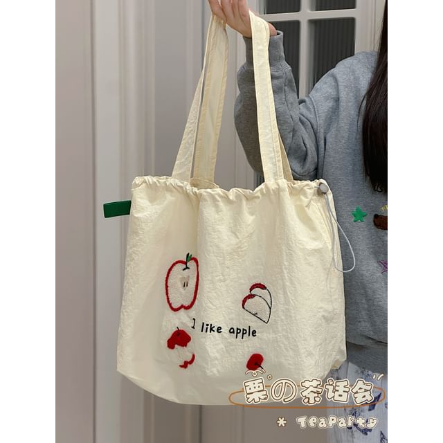 Drawstring Cartoon Applique Canvas Tote Bag