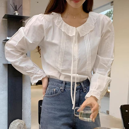 Long Sleeve Collared Plain Ruffle Pintuck Blouse