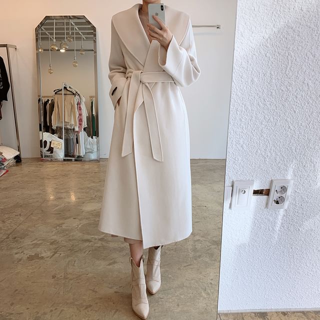 Collared Plain Midi Tie Front Coat