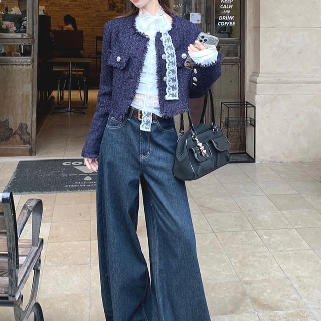 Long-Sleeve Boat Neck Lace Panel Slim Fit Tee / Tweed Button Jacket / Mid Rise Washed Wide Leg Jeans