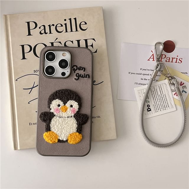 Penguin Embroidered Phone Case / Faux Leather Strap / Set - iPhone 16 Pro Max / 16 Pro / 16 Plus / 16 / 15 Pro Max / 15 Pro / 15 Plus / 15 / 14 Pro Max / 14 Pro / 14 Plus / 14 / 13 Pro Max / 13 Pro / 13 / 13 Mini