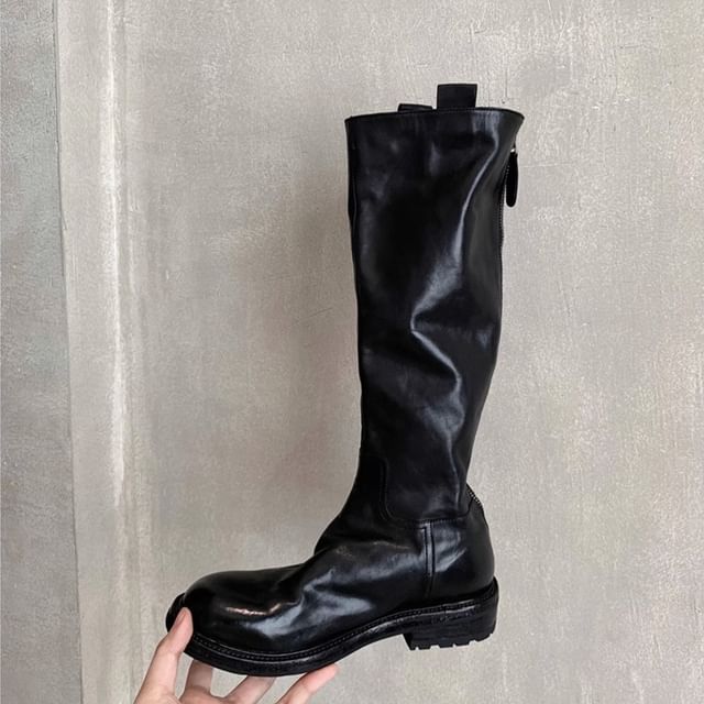 Leather Boots Platform Tall Genuine Zip-Up Plain