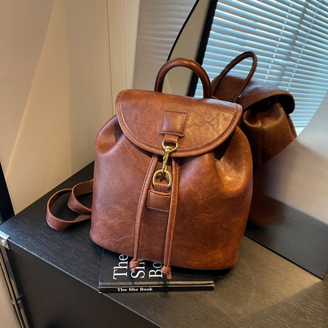 Plain Flap Leather Faux Backpack