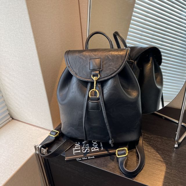 Plain Flap Leather Faux Backpack