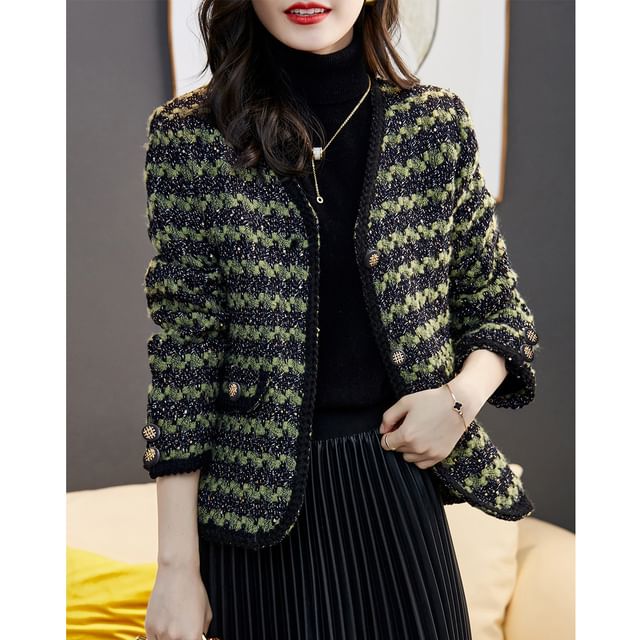 V-Neck Tweed Button Jacket