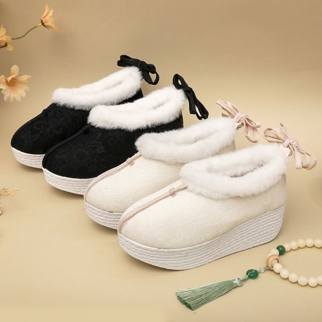 Bow Fleece-Lined Wedge Platform Pumps Heel