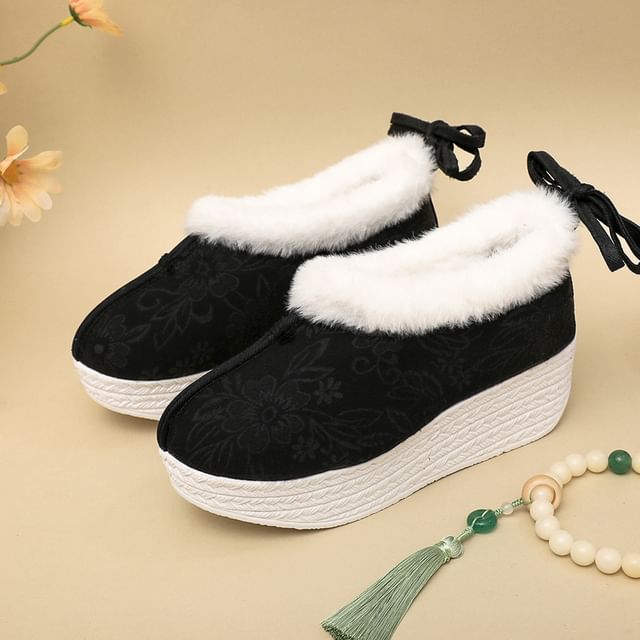 Bow Fleece-Lined Wedge Platform Pumps Heel